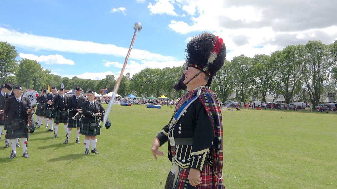 Drum Majors Mace Flourish competition held during 2022 Oldmeldrum Highland Games in Scotland