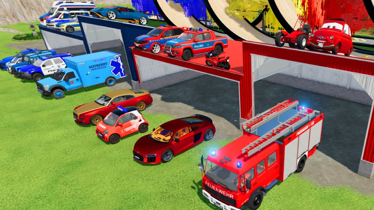 TRANSPORTING CARS, AMBULANCE, POLICE CARS, FIRE TRUCK OF COLORS! WITH TRUCKS! - FS 22