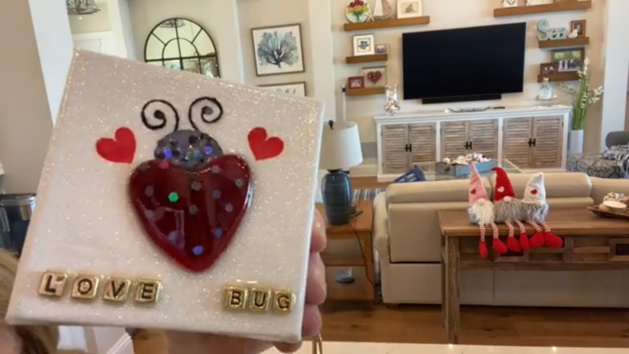 # 161 DIY Valentine Love Bug Glass Art: Tumbled Glass Heart With Resin On Canvas