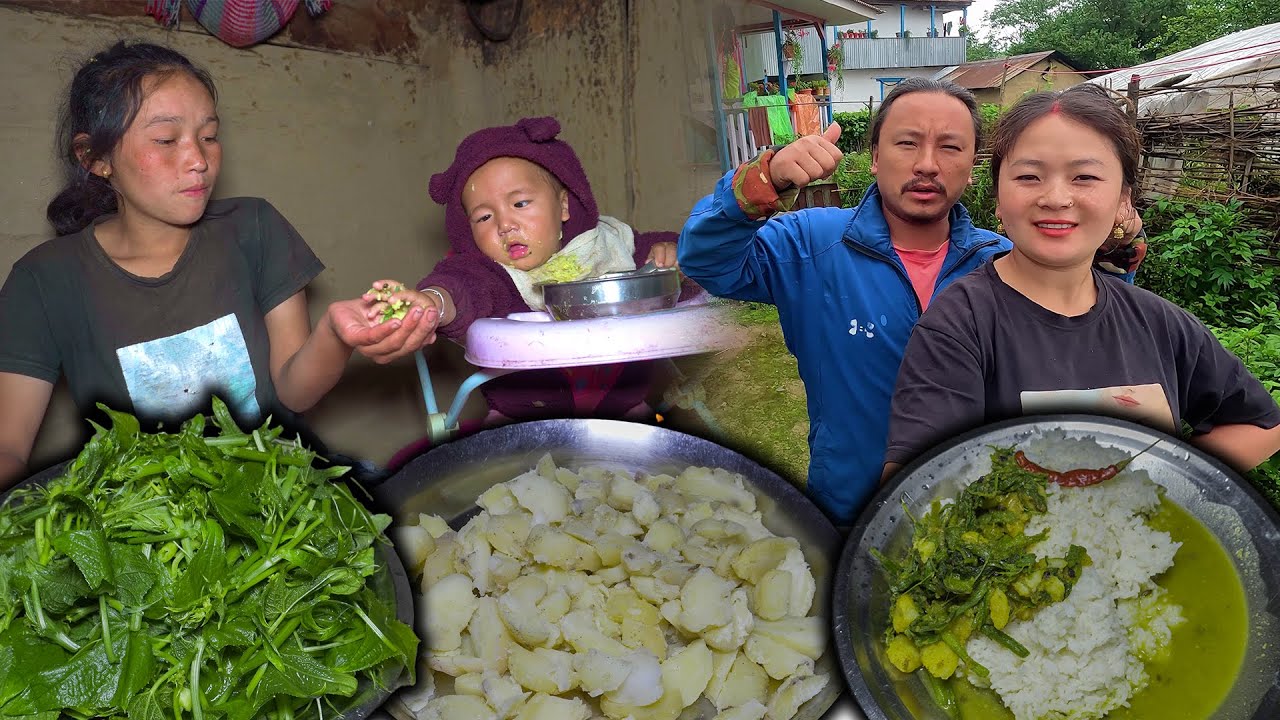 स्कुश को मुन्टा र आलुको तरकारी सँग भात Green Squash Vine & Potatoes mix fry Recipe with rice Eating