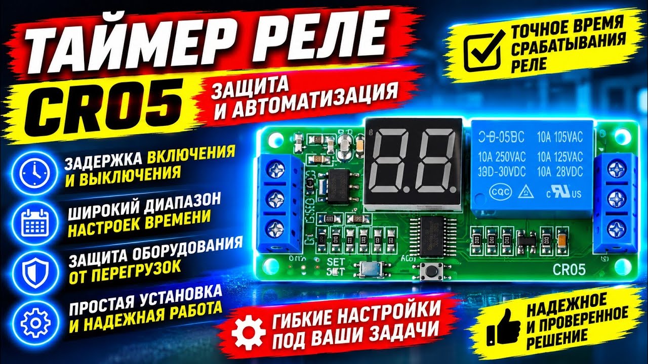 Таймер, реле времени CR05 задержка включения, выключения, циклический режим