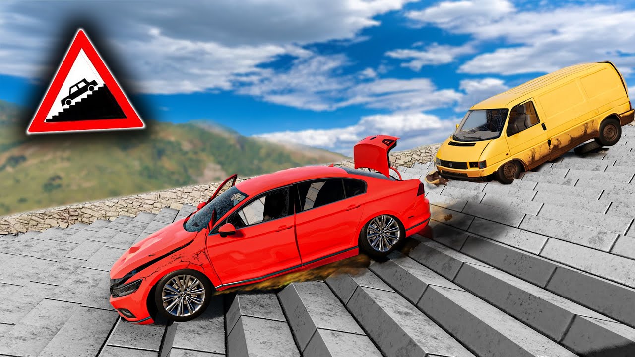 MERDİVENDEN ARABALARI ATTIM // Cars vs Stairs (Long Stairs) // ABSÜRT DENEY // BeamNG.drive
