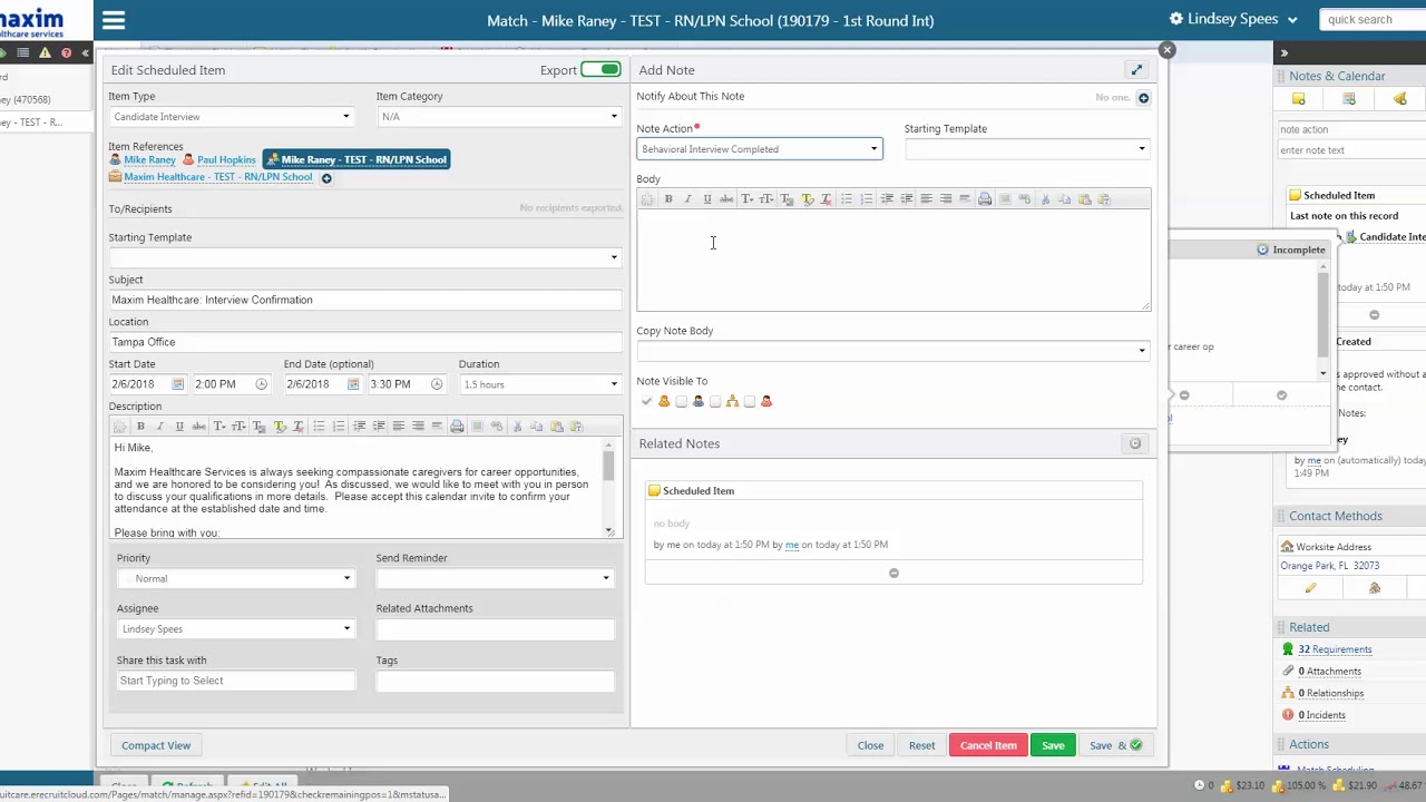 RecruitCare Scheduling and Confirming Interviews