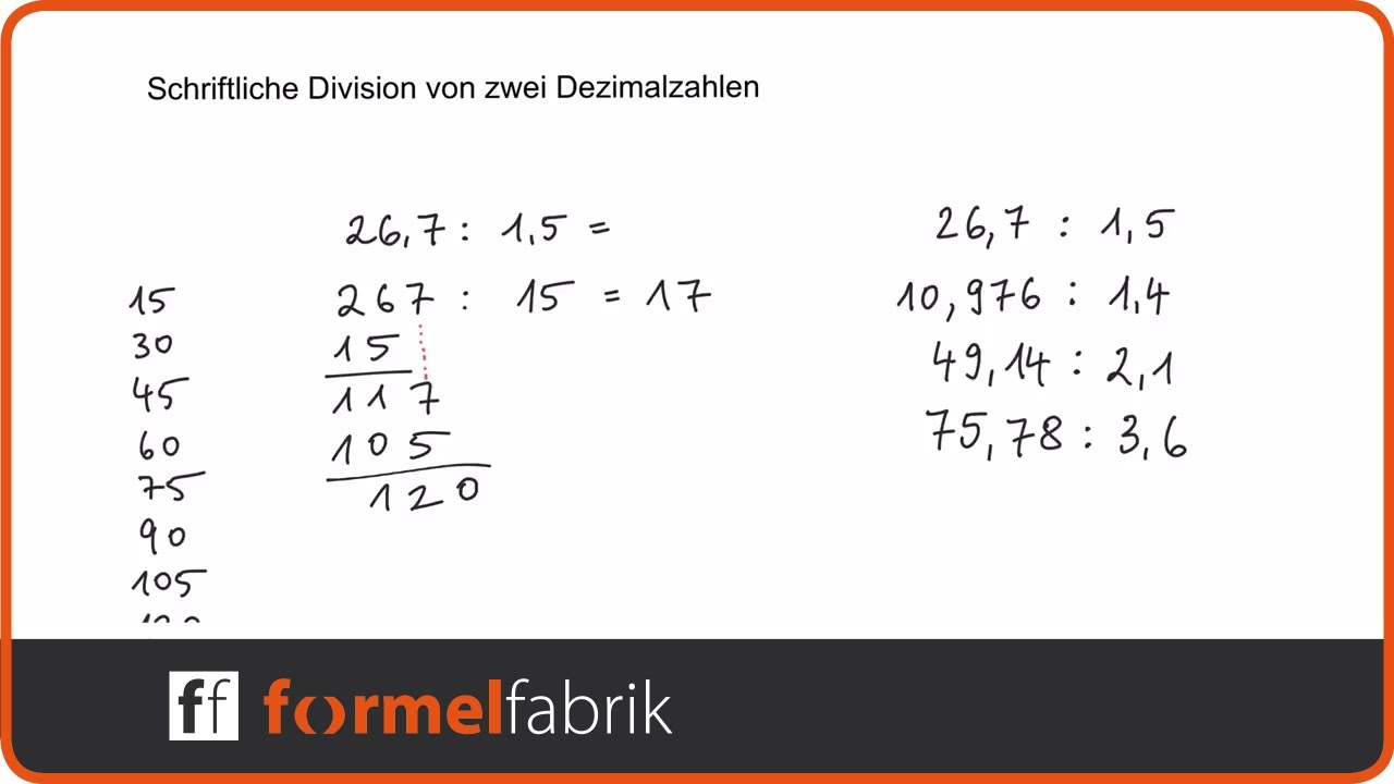 Schriftliche Division von Dezimalzahlen (Kommazahlen) – Beispielaufgaben mit Komma im Divisor