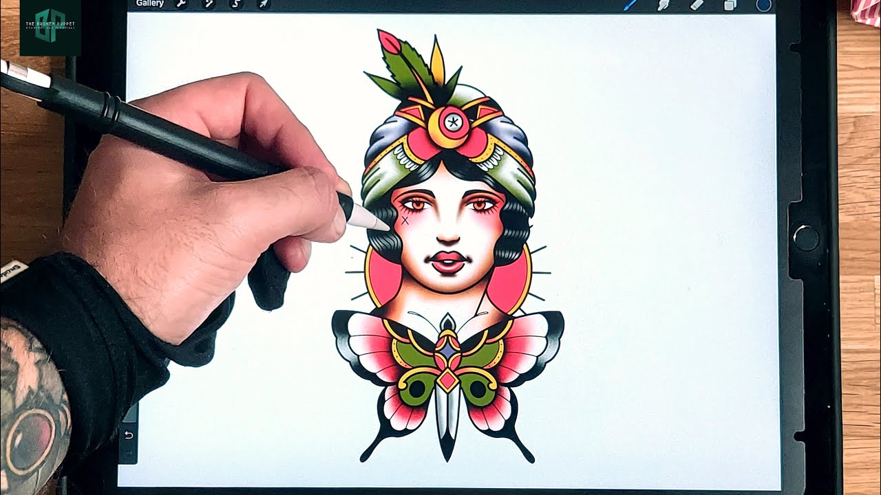 how to Draw a Tattoo Design Traditional Girl and Butterfly
