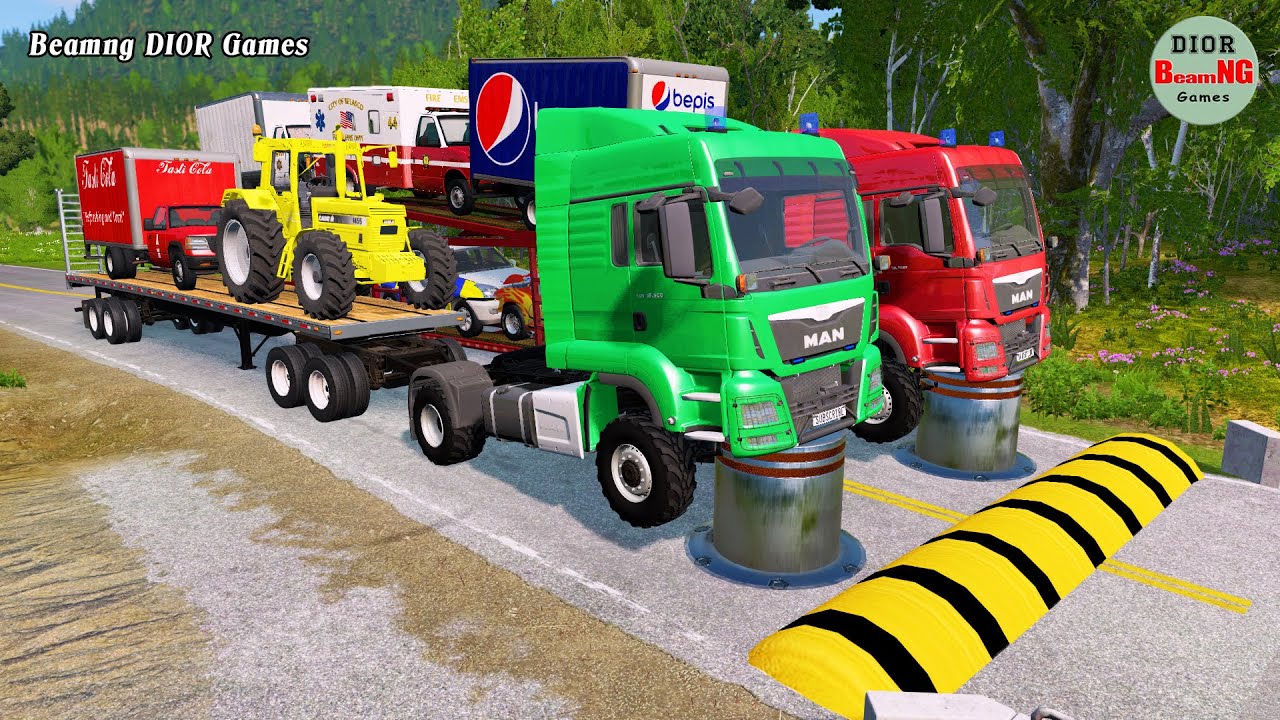 Double Flatbed Trailer Truck cars vs rails tractor vs train cars vs bollards Beamng Drive 321
