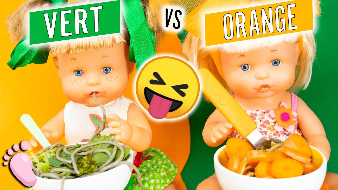 🤢 NOA ET NOE mangent que la nourriture vert ou orange pendant 24heures ! Challenge avec mes poup&eacute;es