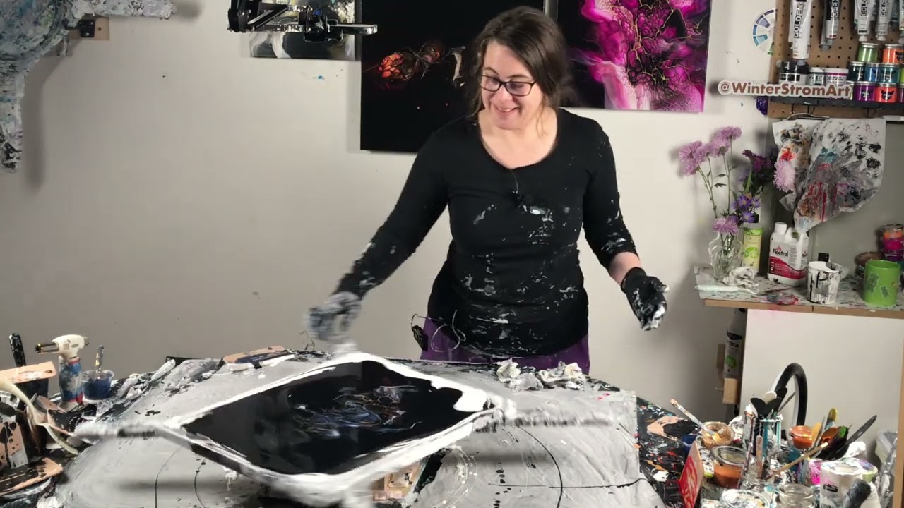 HIding Paynes grey under black with golden accents #fluidart tutorial swipe  acrylic pouring