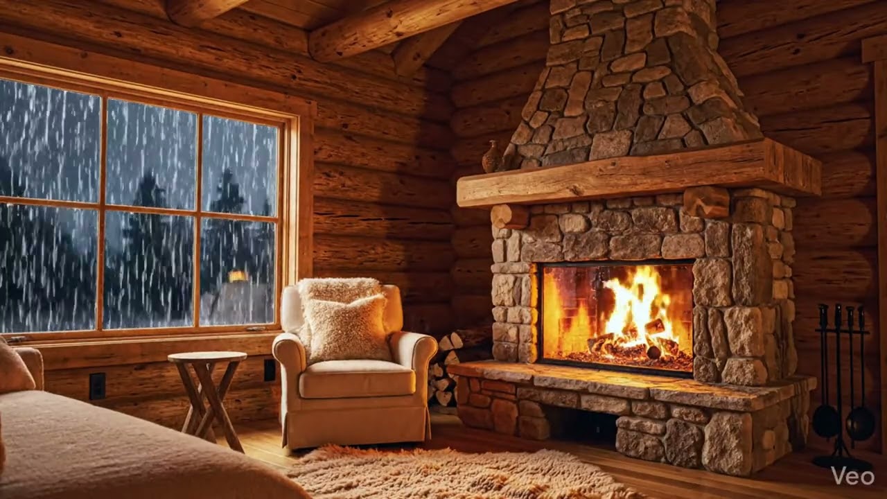 Rain on Cabin Roof 🔥 10 Hour Fireplace & Rain Ambience for Sleep