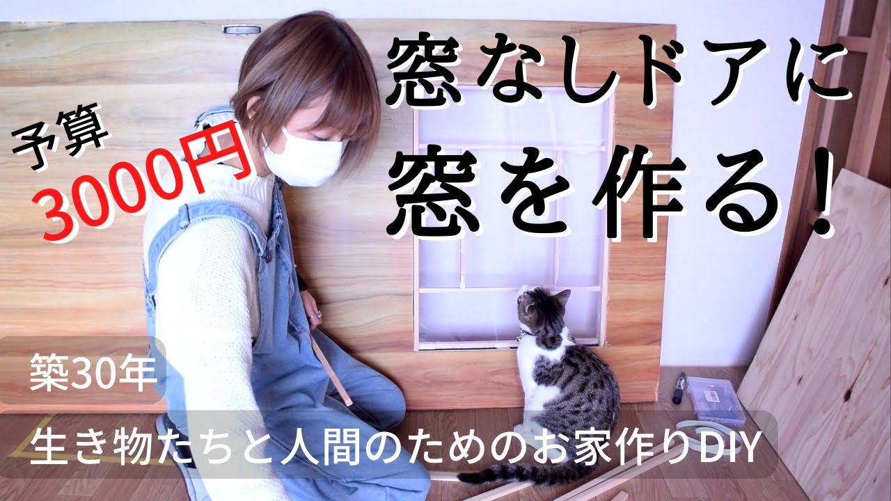 #35【DIY】室内ドア（引き戸）をリメイク！予算3000円で窓を付けて明るくしたら猫も見えるー♪築30年お家DIY