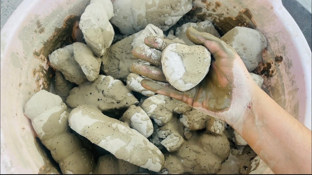 New creamy mud dirt with full of paste pouring dry tub crumbling satisfying ASMR.