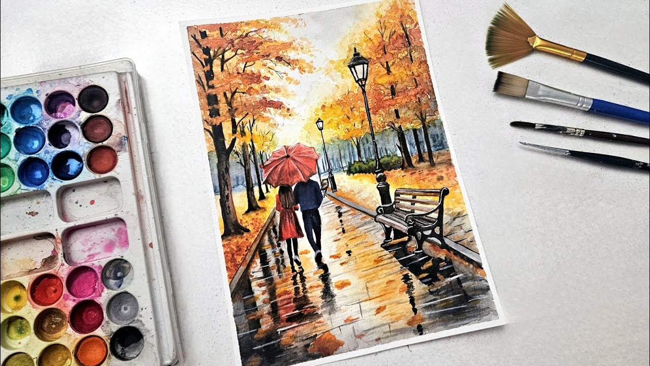 Watercolor painting - Romantic couple on a beautiful path ☂️🍂 How to paint a romantic couple