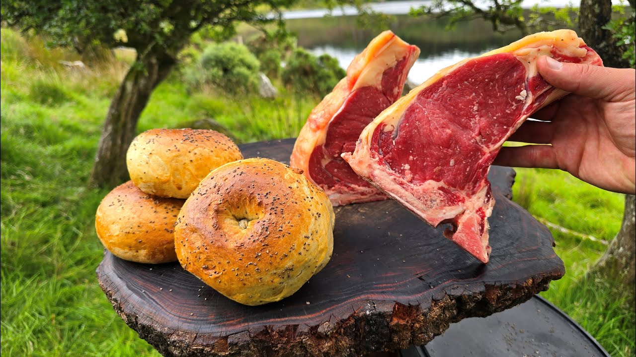 T-Bone STEAK and BAGELS cooked in Wilderness | Relaxing ASMR in Nature