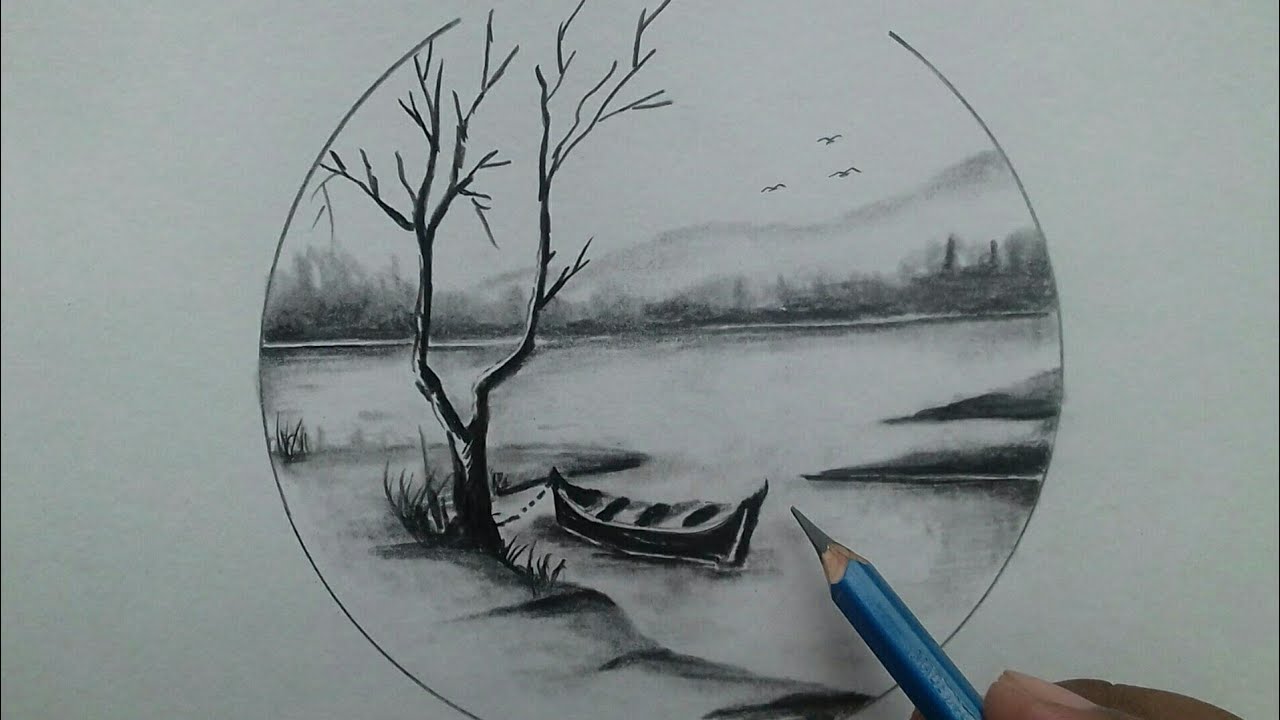 beautiful scenery drawing with pencil step by step / nature scenery drawing pencil