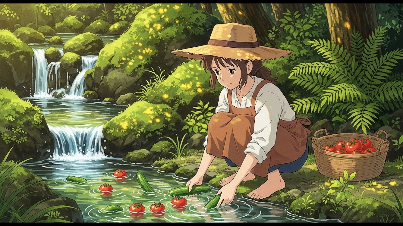 🌿 Relaxing Ghibli Vibes | Girl Washing Vegetables in a Forest Stream | Peaceful AI Animation 🍅