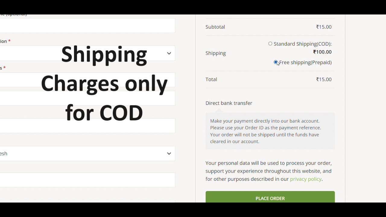 Shipping charges only for COD (Cash on delivery) in woocommerce | Free shipping for prepaid
