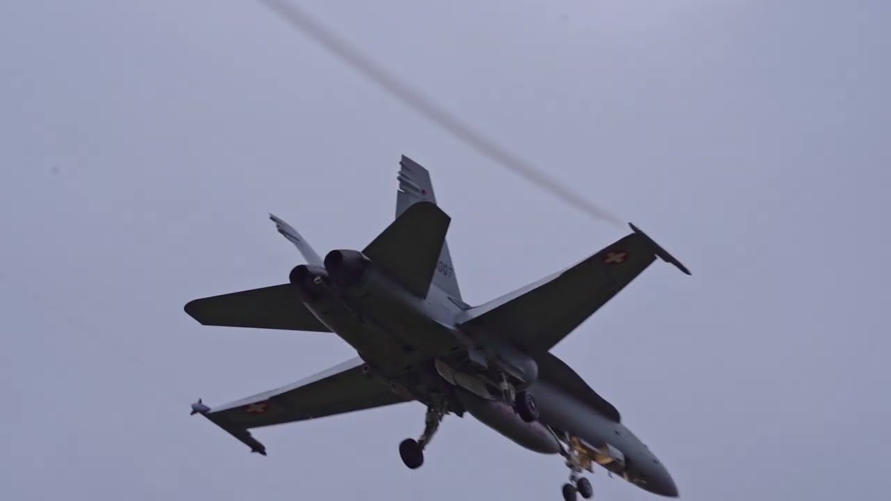 Zurich Airport F/A-18 fighter jet of Swiss Air Force doing emergency training.