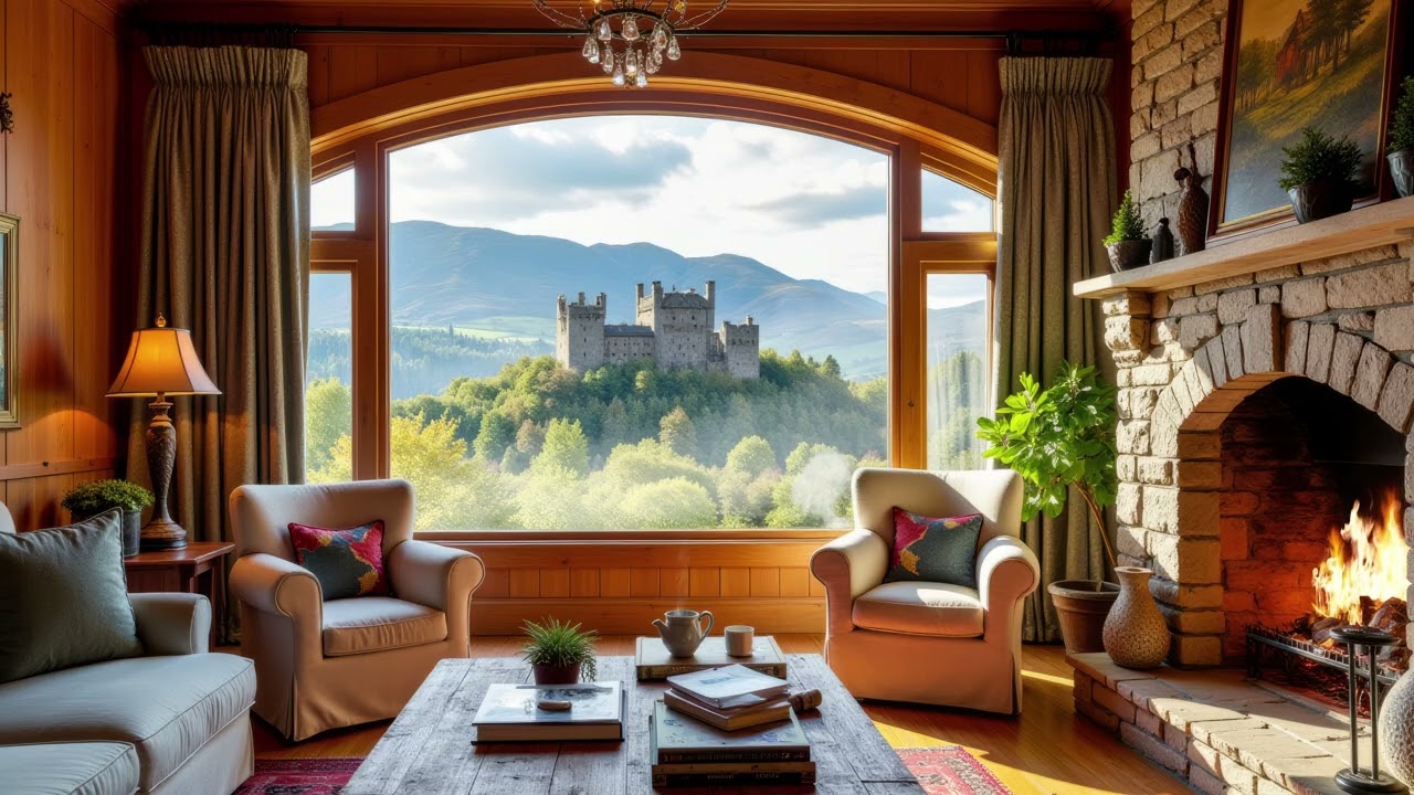 Scotland Ambience - Sunny Scottish Library w Crackling Fireplace & Castle Scenery | Highlands