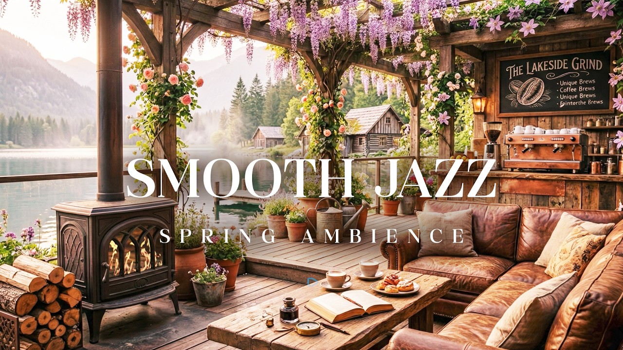 Smooth Jazz & Fireplace for Study, Work & Relaxation | Serene Spring Coffee Shop by the Water