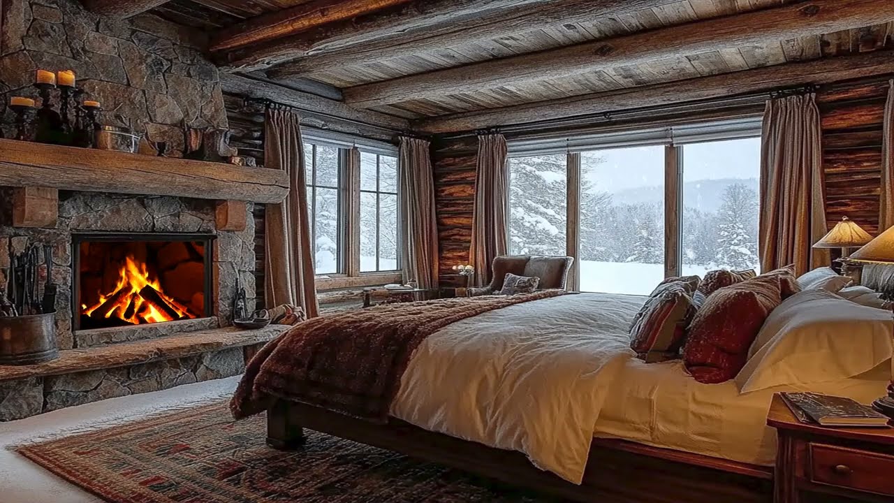 🪵 Rustic Winter Room with Fireplace | Soft Crackling Sounds | Anxiety Relief