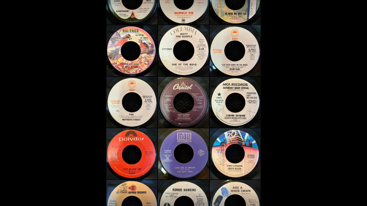 70's Hard Rock Live Vinyl DJ Mix 1 Hour 45 rpm Synched Photos Label Bands Denim Muscle Cars