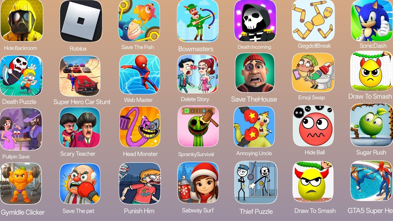 Roblox, Sprunki Survival, Bowmasters, Freaky, Hide Backroom, GTA5 Super Hero, Scary Teacher,#games 