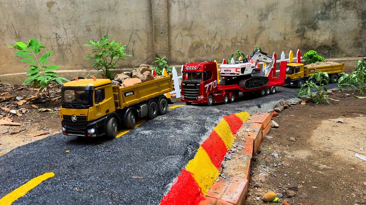 OMG RC Truck Huina 1536 Transport Stone And Dump Trailer Scania 770 Transport Excavator Huina 1594