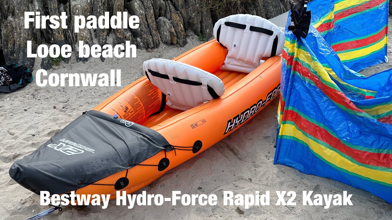 First paddle Bestway Hydro-Force Rapid X2 inflatable Kayak Looe beach Cornwall