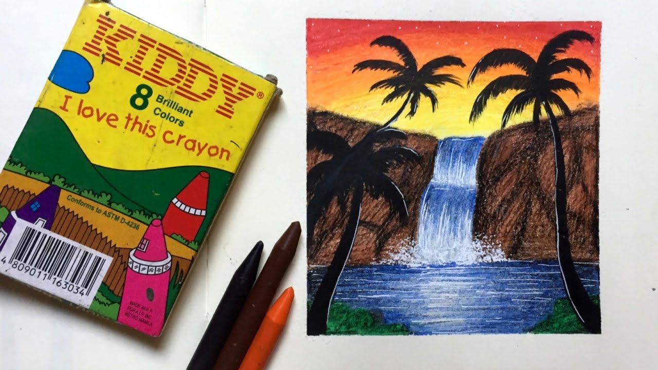 How to Draw Easy Waterfalls Scenery for Beginners using Wax Crayons