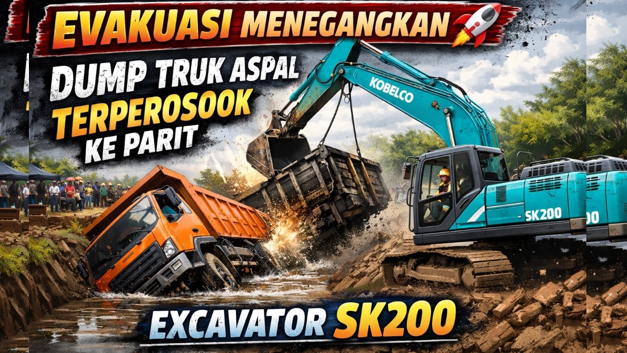 EVAKUASI MENEGANGKAN 🚀 DUMP TRUK ASPAL TERPEROSOK KE PARIT   EXCAVATOR SK200