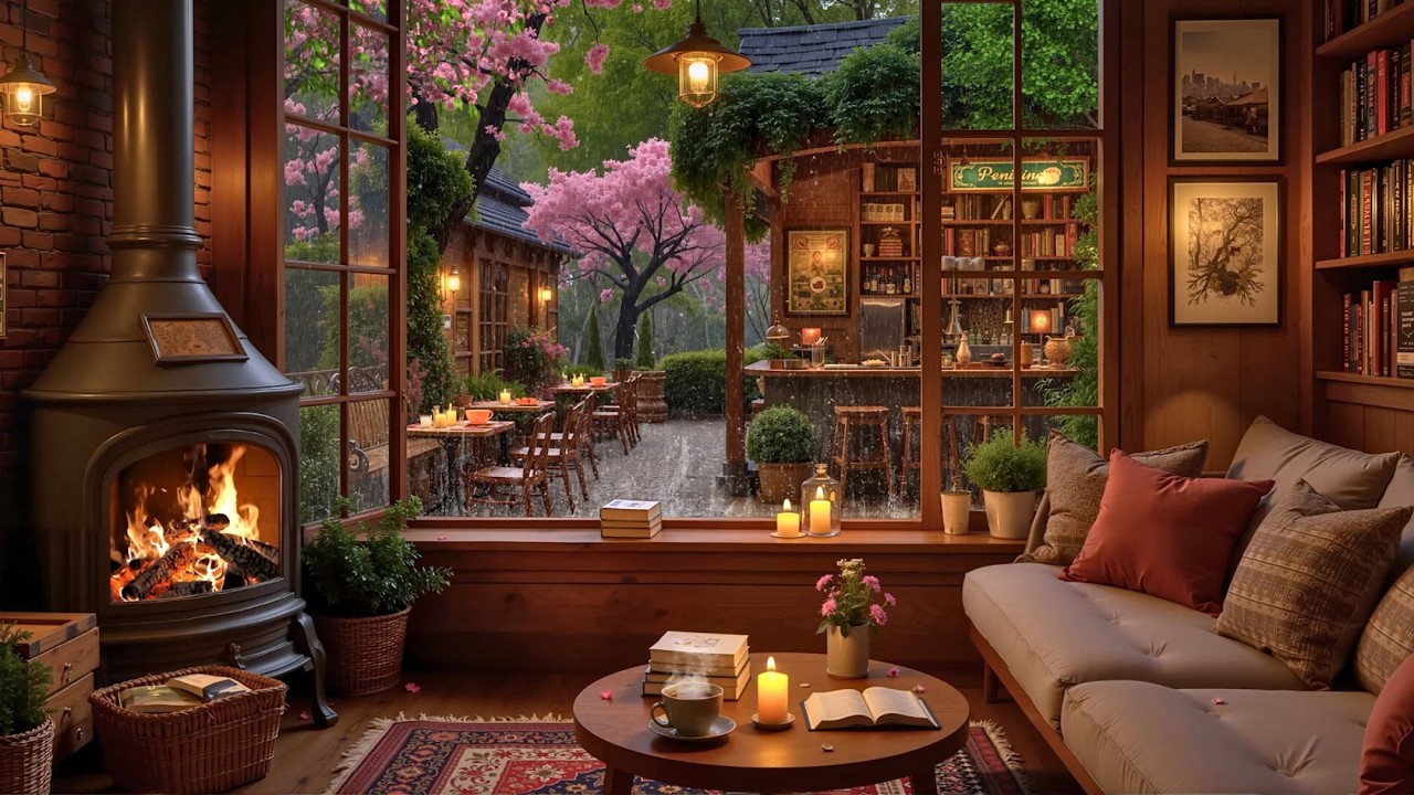 Уютная кофейня «Весенний дождь» ☕ Спокойная джазовая фортепианная музыка и звуки камина