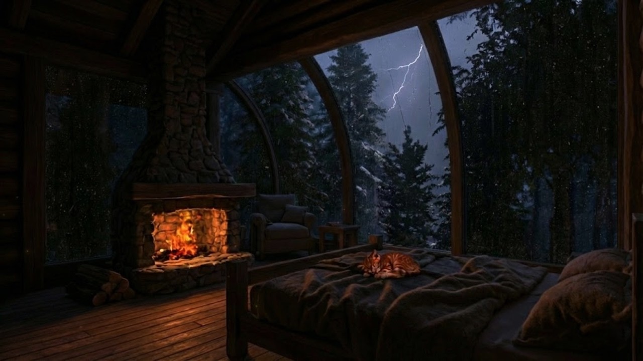 Instant Sleep 🌧️🔥 Heavy Thunderstorm & Crackling Fireplace (No Ads) Dark Ambience for Insomnia