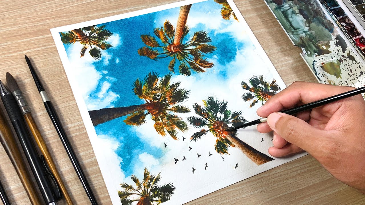 Watercolor Painting of Palms and Sky