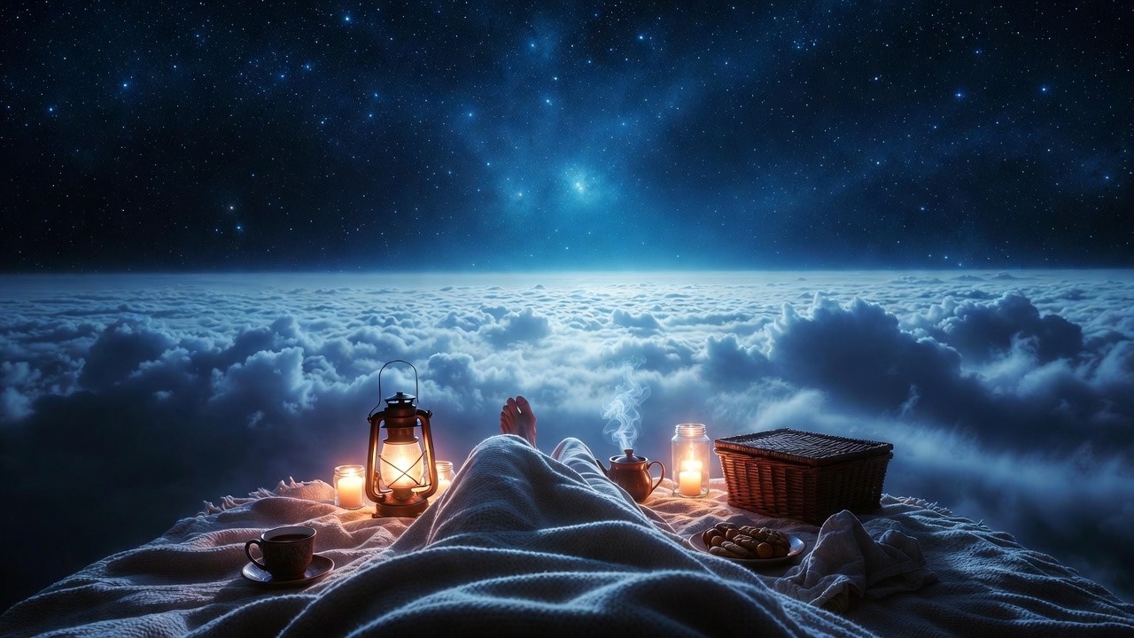 Night Picnic Above the Clouds ☁️✨ Lantern Glow & Calm Ambience | Deep Sleep ASMR White Noise