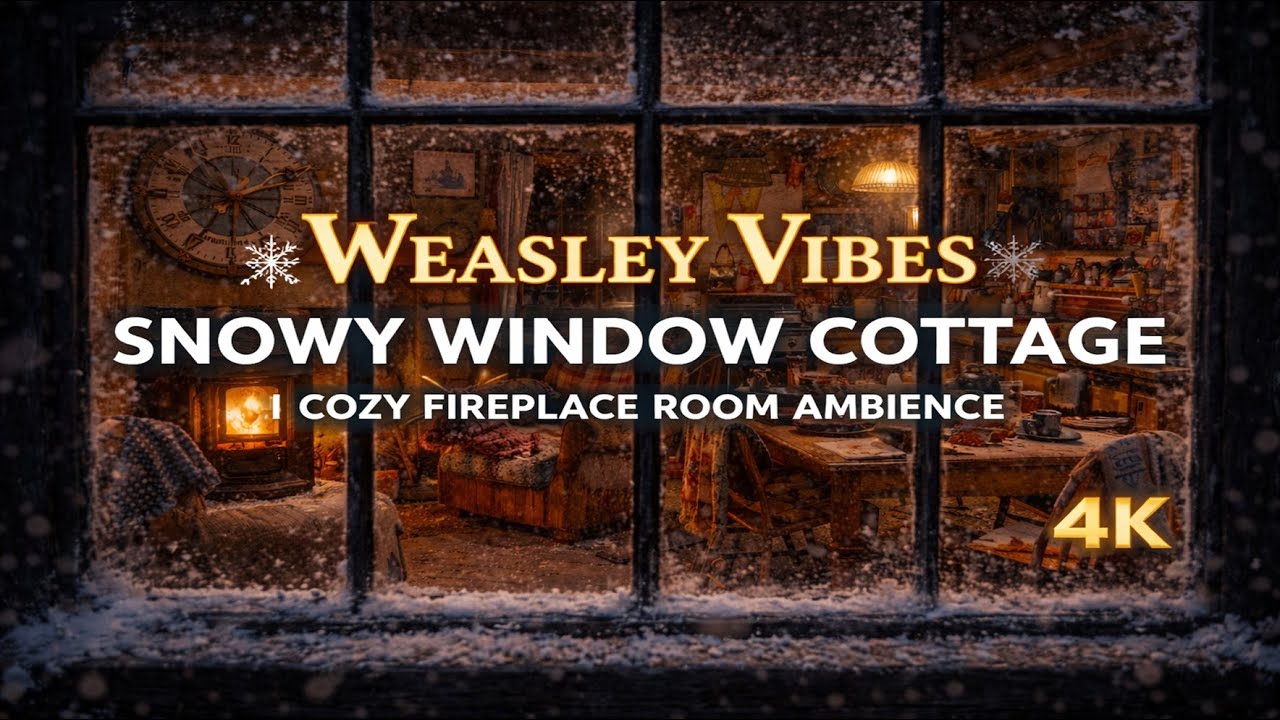 Weasley Vibes Snowy Window Cottage | Cozy Fireplace Room Ambience (4K)