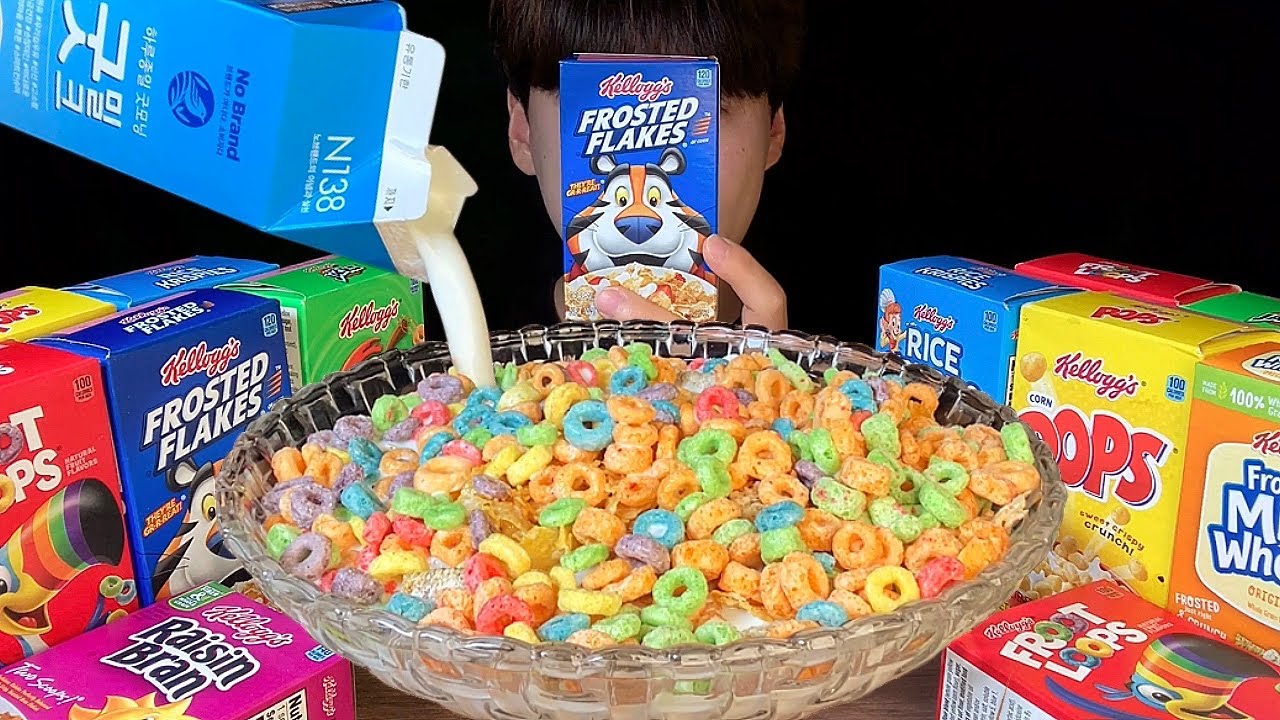 SUB) American Kellogg's cereal (froot loops, frosted flakes, pops, Apple jacks...)Mukbang Asmr💛🧡💚💙