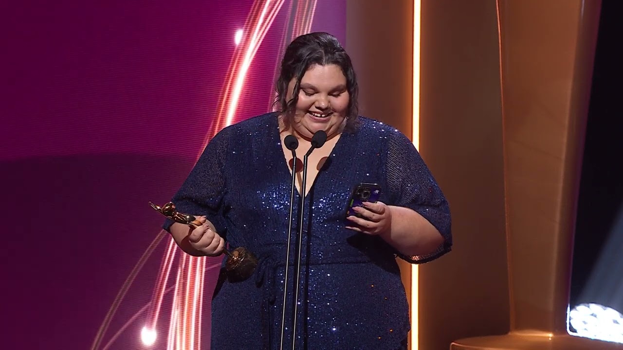 Leah Purcell presents Kartanya Maynard with the AACTA Brian Walsh Award for Emerging Talent