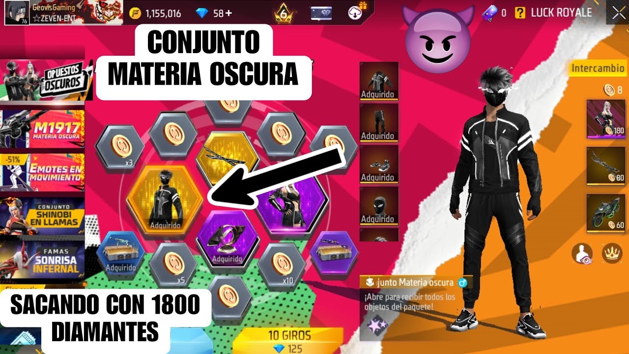 Sacando el conjunto Materia Oscura gastando 1800 diamantes en Free Fire Ruleta de Tokens 🥹
