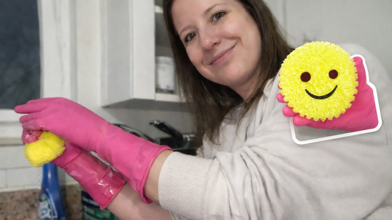 ASMR Tight Pink Rubber Gloves Scrubbing (Microwave + Dishes)
