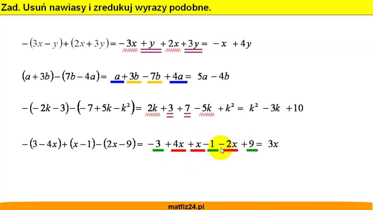 Usuń nawiasy i zredukuj wyrazy podobne - Wyrażenia algebraiczne - Matfiz24.pl