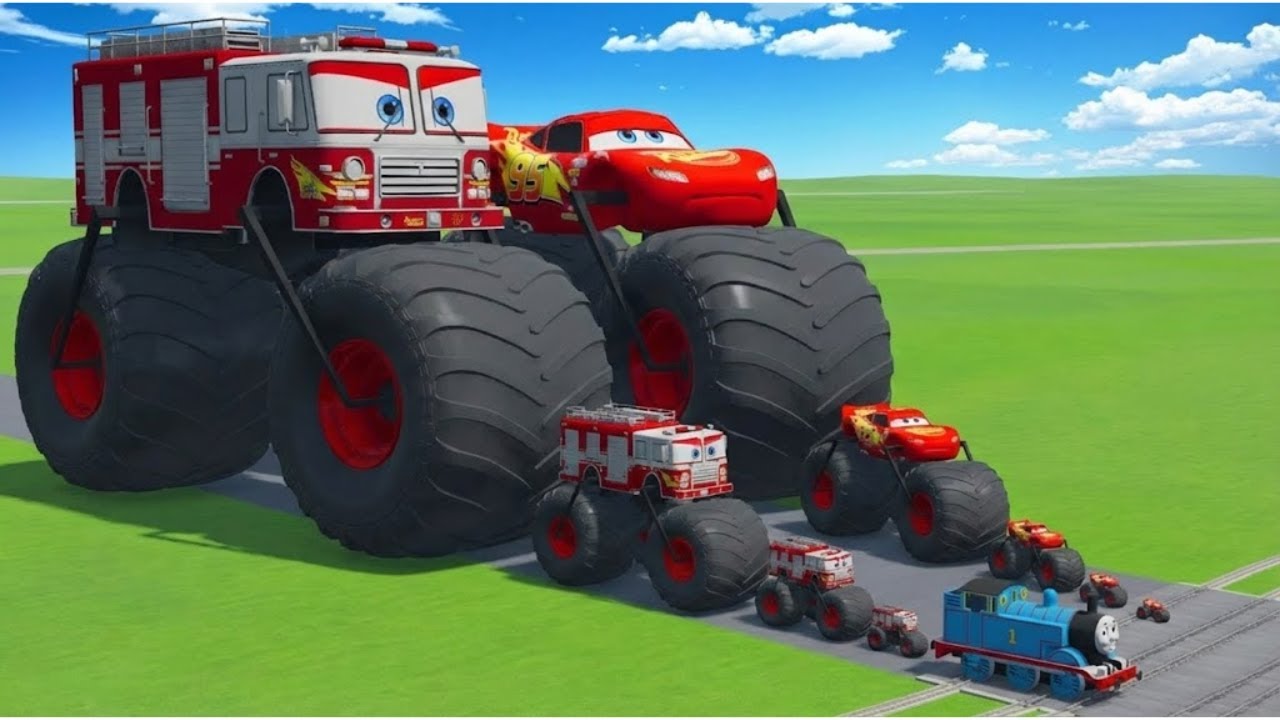 Big & Small Fire Truck Moto Monster & McQueen Moto Monster VS Train Challenge  BeamNG Drive