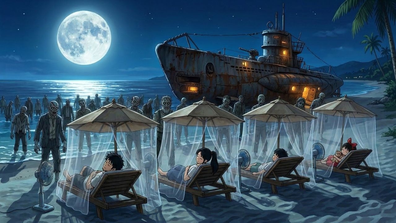 Peaceful Ghibli Style Family Survival Building a Submarine Home on a Zombie Island After World War