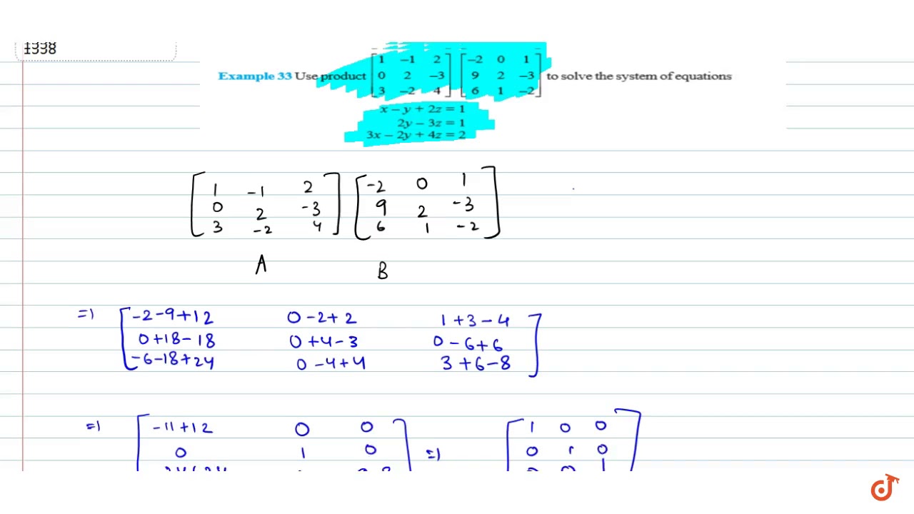 Use product `[1-1 2 0 2-3 3-2 4][-2 0 1 9 2-3 6 1-2]` to solve the system of equations `x-y + 2z...