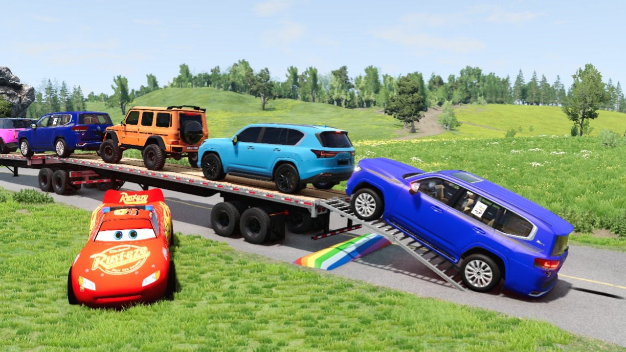 Flatbed Truck McQueen | Transportation with Truck - Pothole vs Car #16 | BeamNG.Drive Gameplay