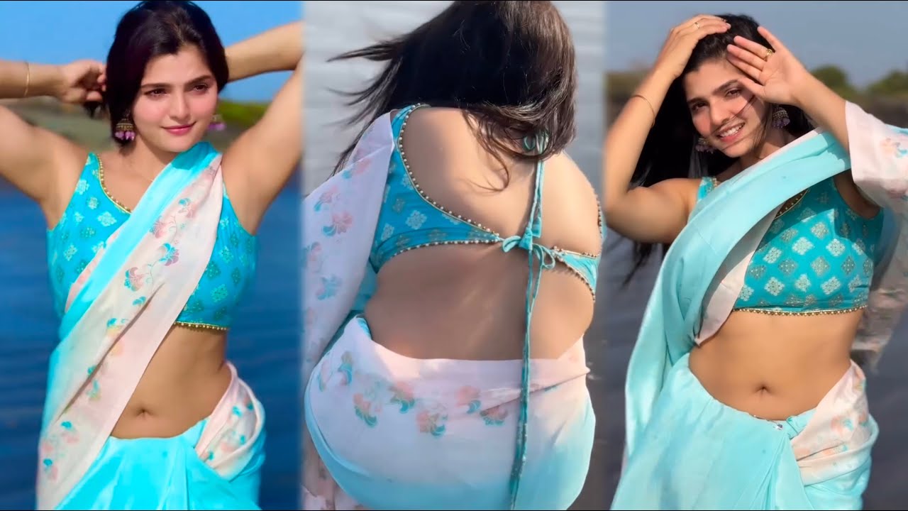 Simran Singh Hot Hip Sky Blue Saree with Matching Backless Blouse Fashion Photoshoot at Beach