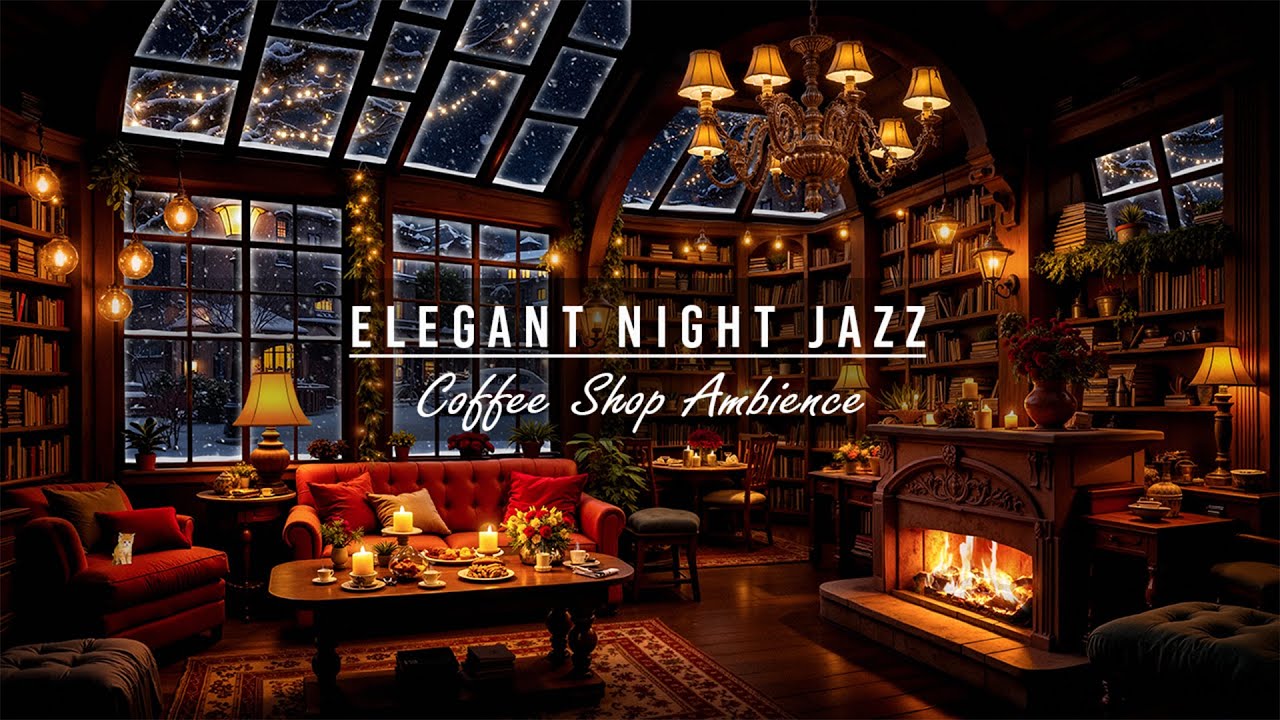 Cozy Winter Caf&eacute; Ambience ☕❄️ Elegant January Night Jazz & Crackling Fireplace for Deep Sleep,Unwind