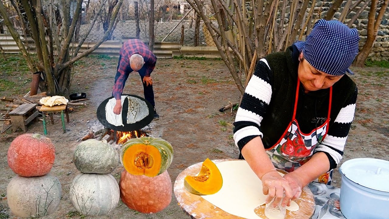 Grandma Cooks Traditional Azerbaijani Pumpkin Qutabs | Mountain Village Life LIVE
