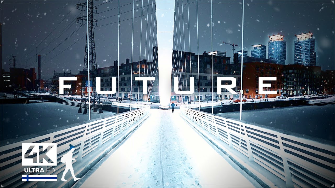 Helsinki night walk in snowfall and sleet, Finland - Slow TV 4K