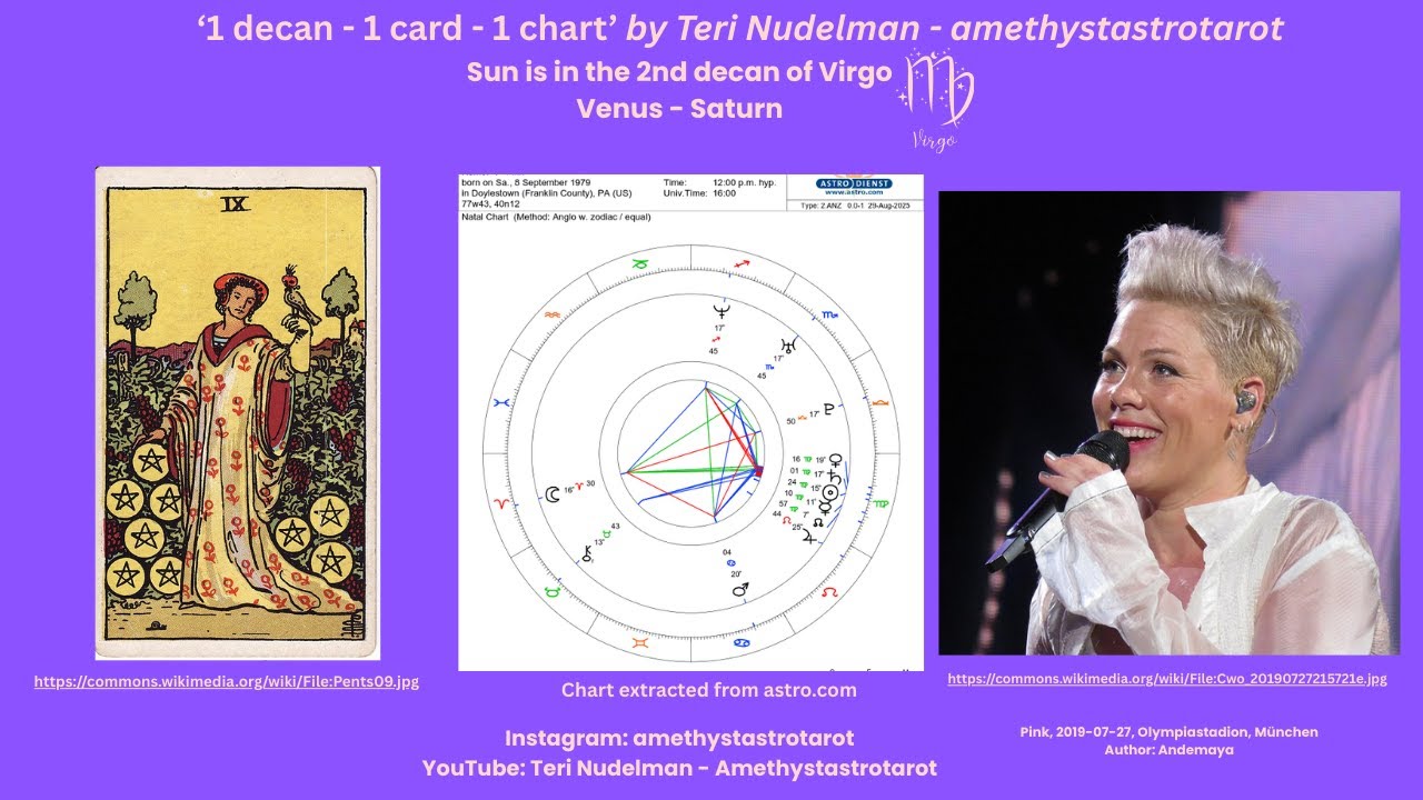 #1decan1card1chart comes with the 9 of Pentacles and the Virgo natal sun of Pink!