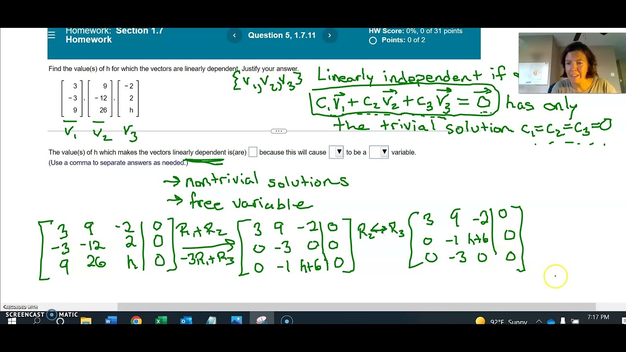 Find a value of h such that the vectors are linearly dependent